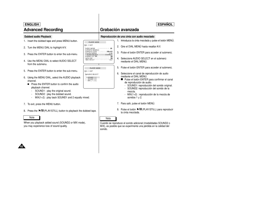 Samsung SCD27/D29 manual Dubbed audio Playback 