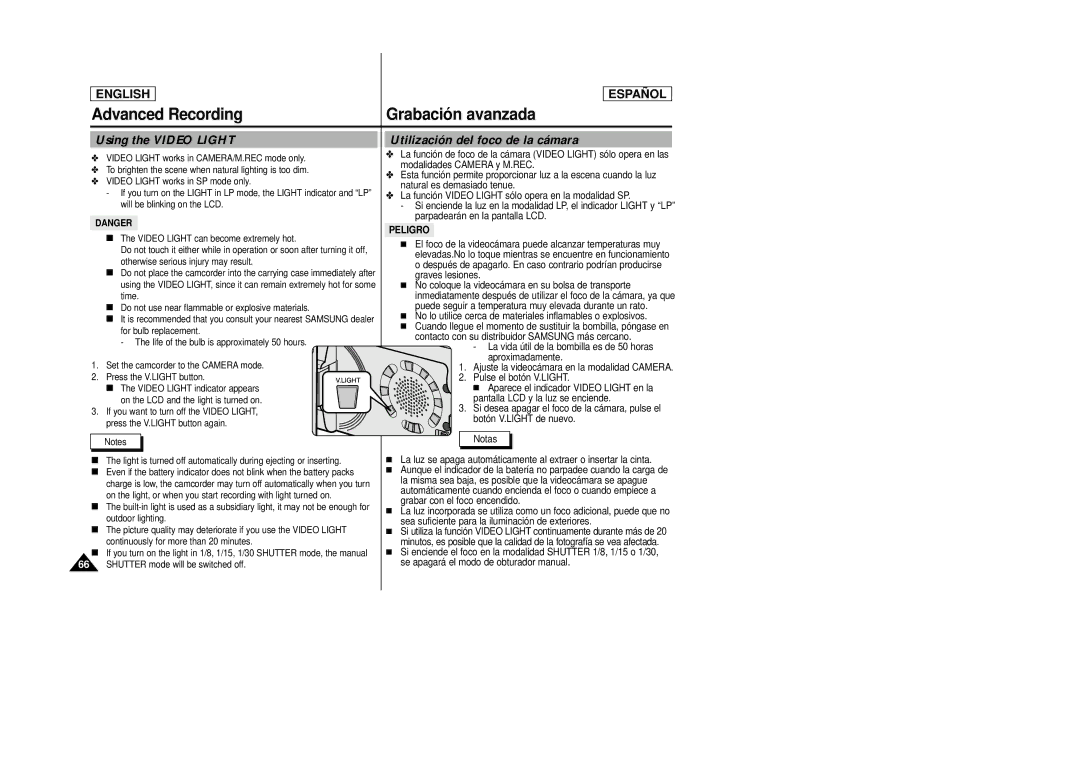 Samsung SCD27/D29 manual Using the Video Light, Utilización del foco de la cámara, Peligro 