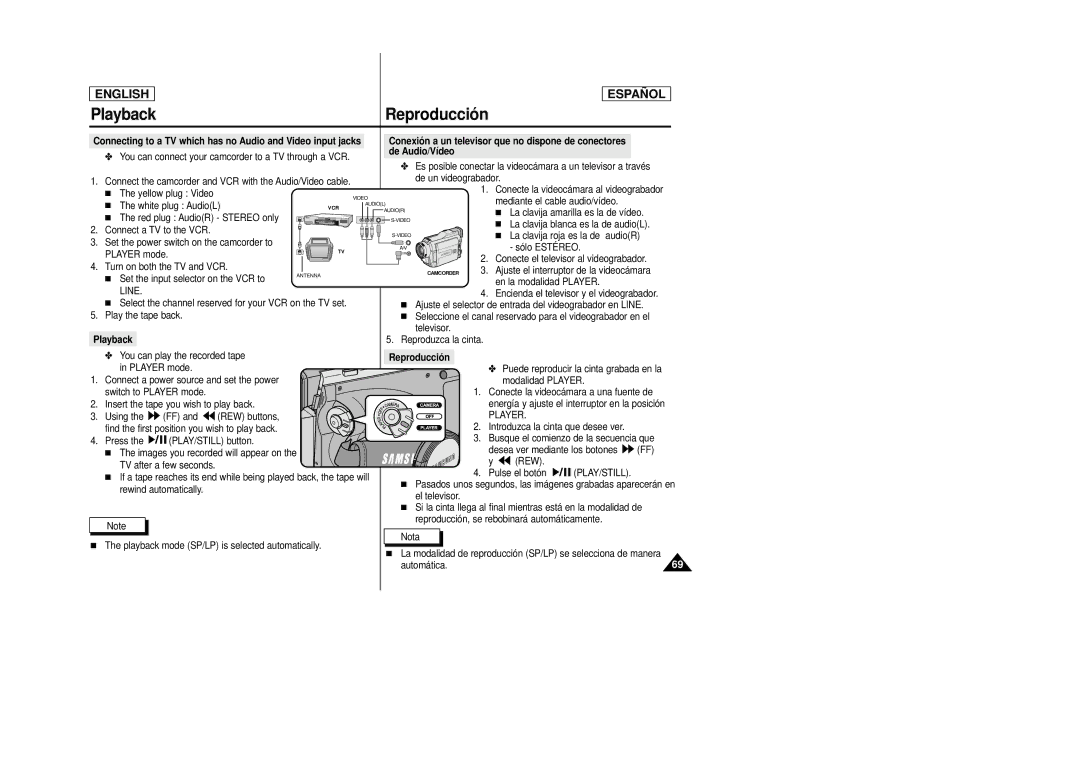 Samsung SCD27/D29 manual Connecting to a TV which has no Audio and Video input jacks, Playback, Reproducció n 