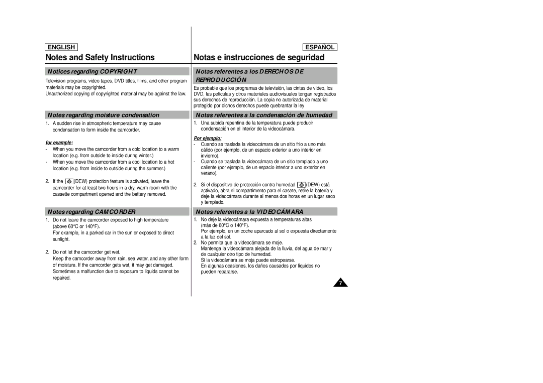 Samsung SCD27/D29 manual Notas referentes a los Derechos DE, Notas referentes a la condensación de humedad 