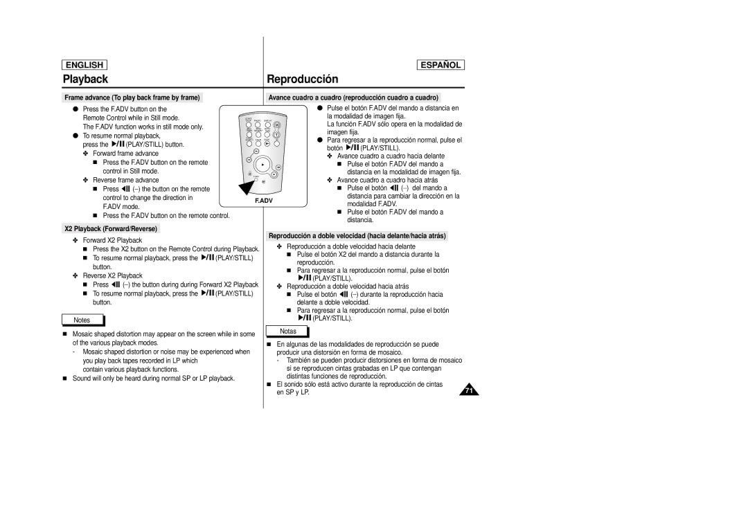 Samsung SCD27/D29 X2 Playback Forward/Reverse, Avance cuadro a cuadro hacia delante, Pulse el botón F.ADV del mando a 