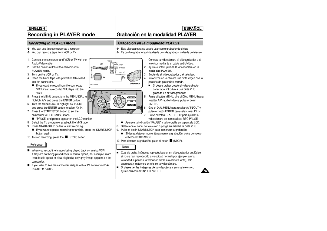 Samsung SCD27/D29 manual Recording in Player mode, Grabación en la modalidad Player 