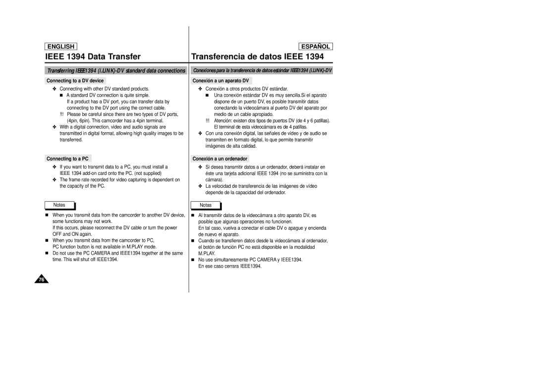 Samsung SCD27/D29 manual Ieee 1394 Data Transfer Transferencia de datos Ieee, Connecting to a DV device, Connecting to a PC 