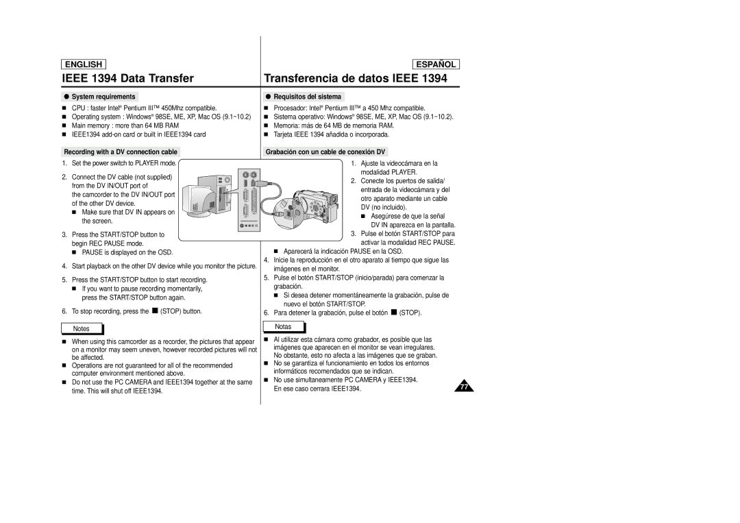 Samsung SCD27/D29 manual System requirements, Recording with a DV connection cable, Grabació n con un cable de conexió n DV 