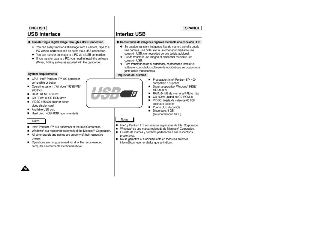 Samsung SCD27/D29 manual USB interface Interfaz USB, You can transfer an image to a PC via a USB connection 