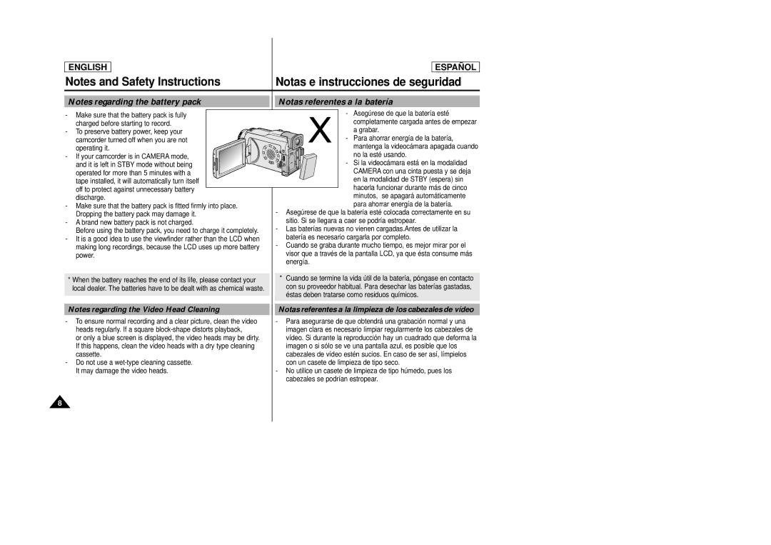 Samsung SCD27/D29 manual Notas referentes a la batería, Notas referentes a la limpieza de los cabezales de vídeo 