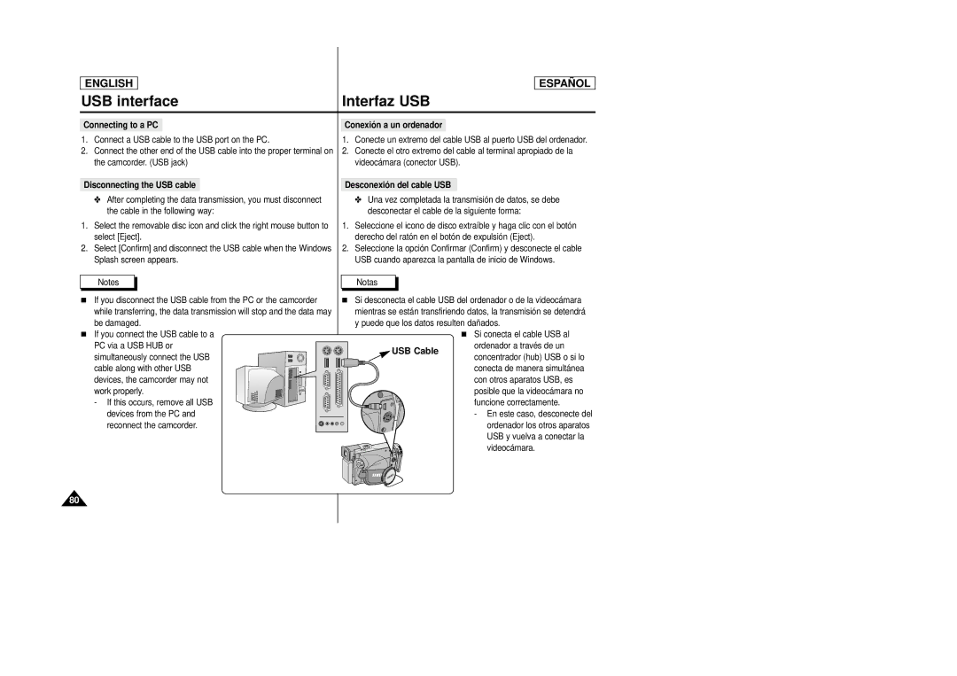 Samsung SCD27/D29 manual Disconnecting the USB cable, Si conecta el cable USB al 