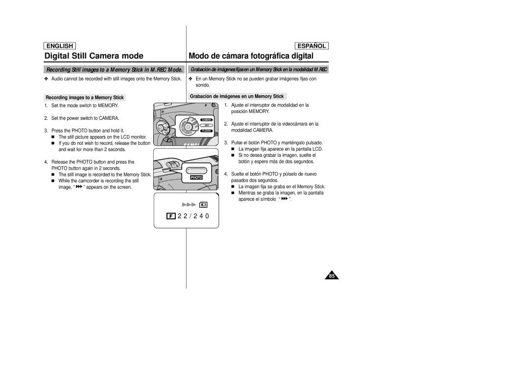 Samsung SCD27/D29 manual Recording images to a Memory Stick, Grabació n de imá genes en un Memory Stick 