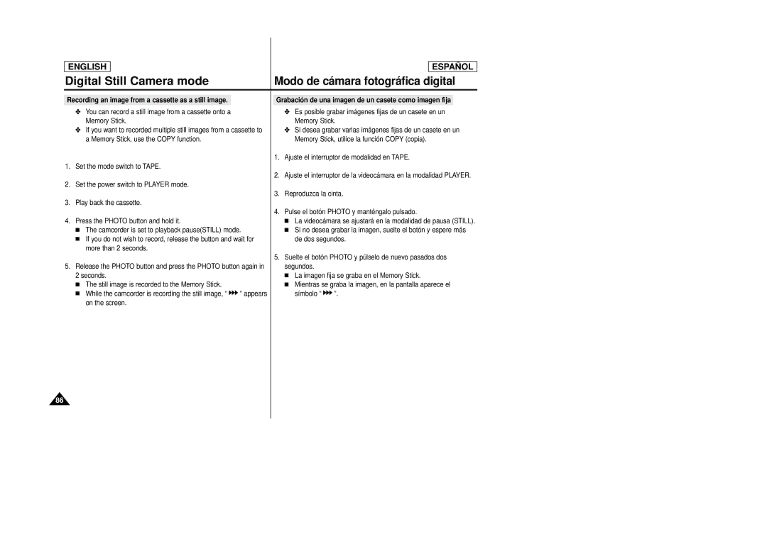 Samsung SCD27/D29 manual Recording an image from a cassette as a still image 