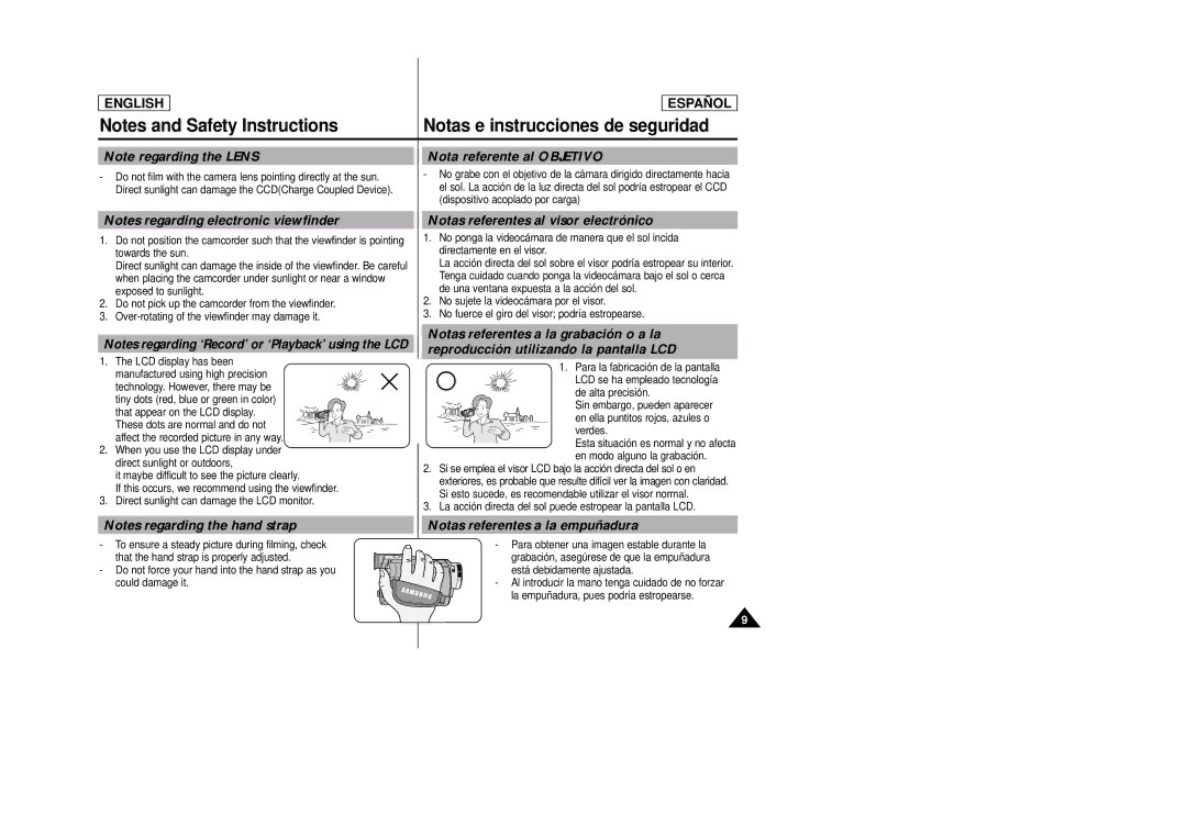 Samsung SCD27/D29 Nota referente al Objetivo, Notas referentes al visor electrónico, Notas referentes a la empuñadura 