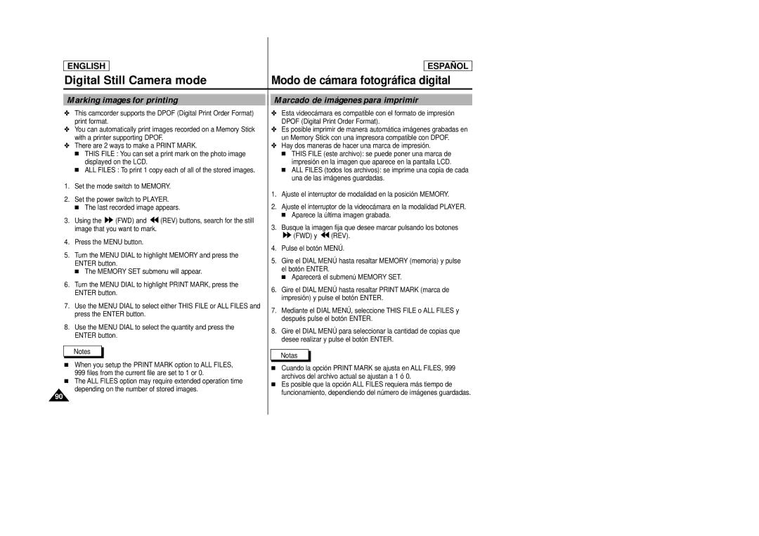 Samsung SCD27/D29 manual Marking images for printing, Marcado de imágenes para imprimir 