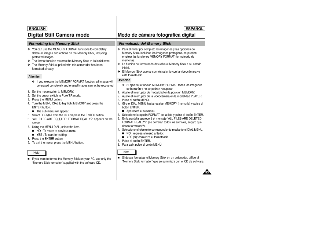 Samsung SCD27/D29 manual Formatting the Memory Stick, Formateado del Memory Stick, Atenció n 