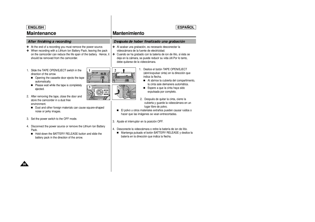 Samsung SCD27/D29 manual After finishing a recording, Después de haber finalizado una grabación, Direction of the arrow 