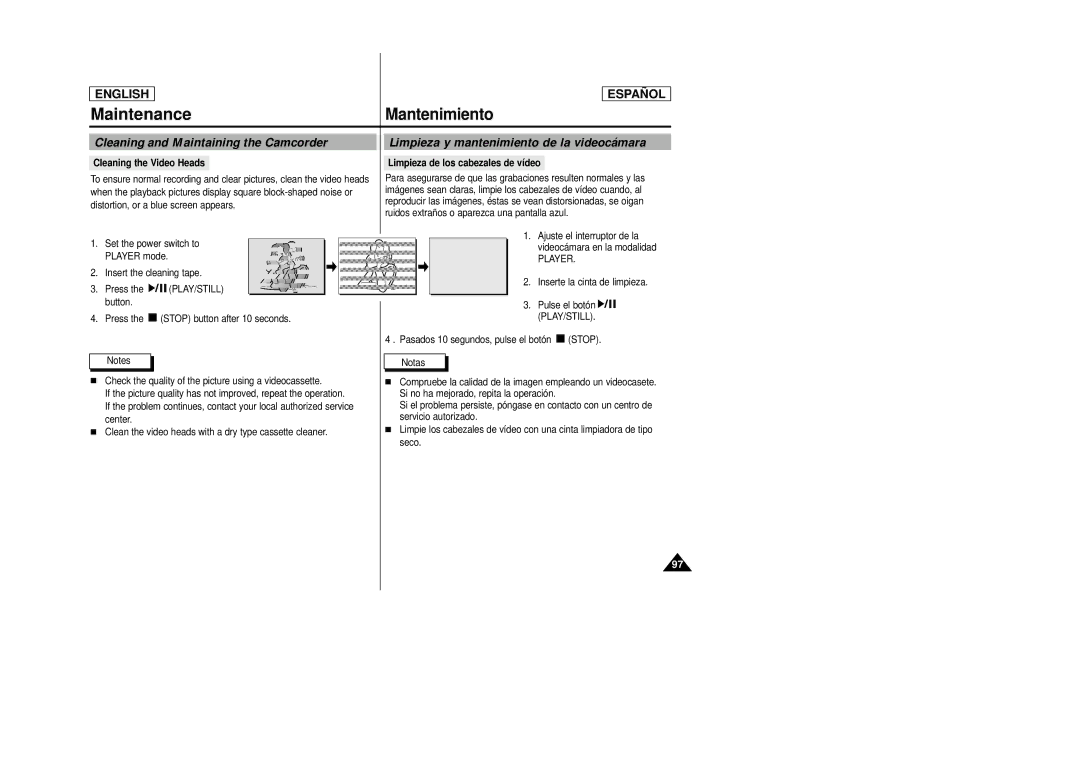 Samsung SCD27/D29 manual Maintenance, Mantenimiento, Cleaning and Maintaining the Camcorder 