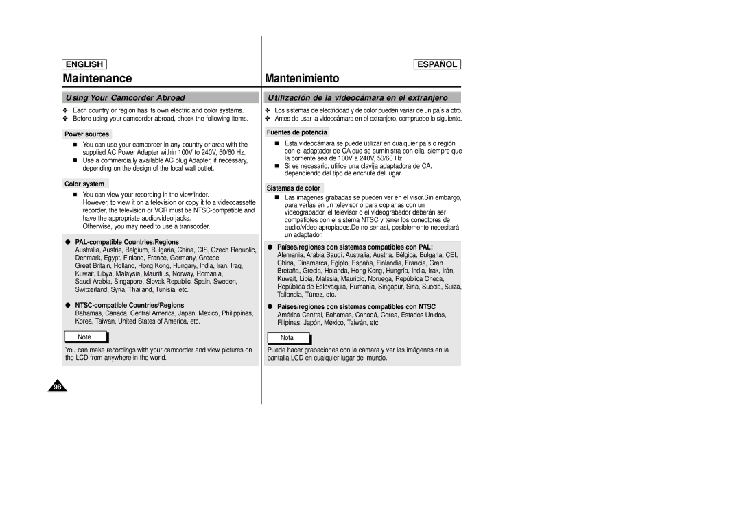 Samsung SCD27/D29 manual Using Your Camcorder Abroad, Utilización de la videocámara en el extranjero 