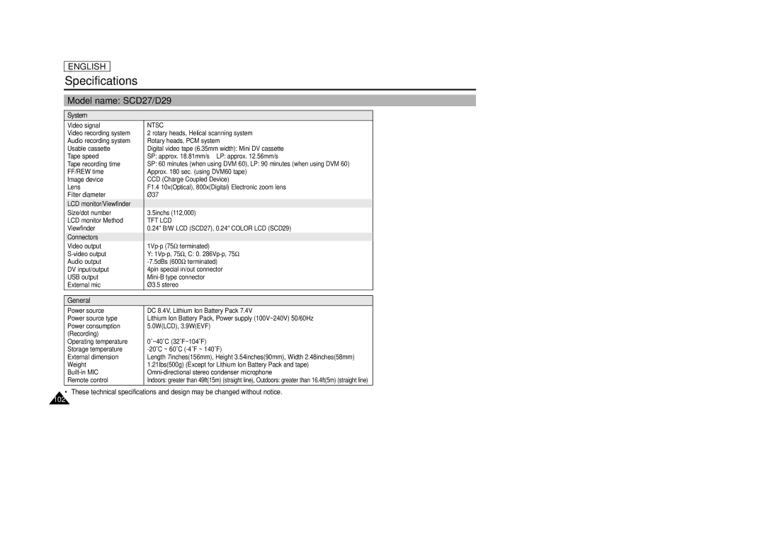 Samsung SCD29 manual Specifications, Model name SCD27/D29 