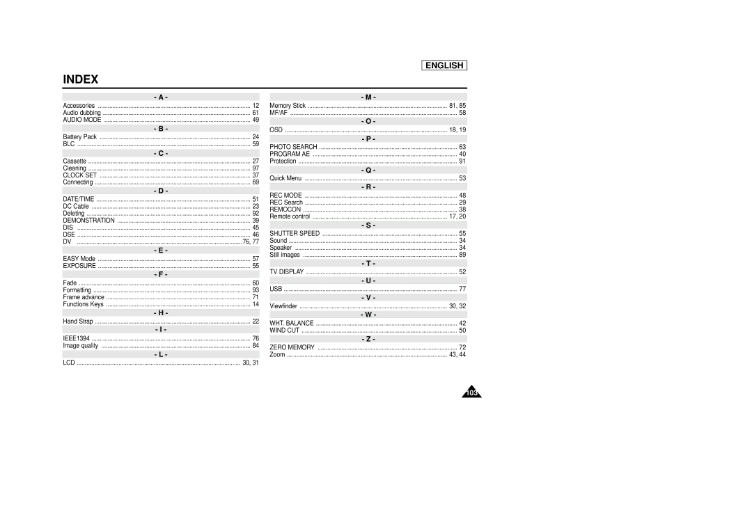 Samsung SCD29 manual Index 