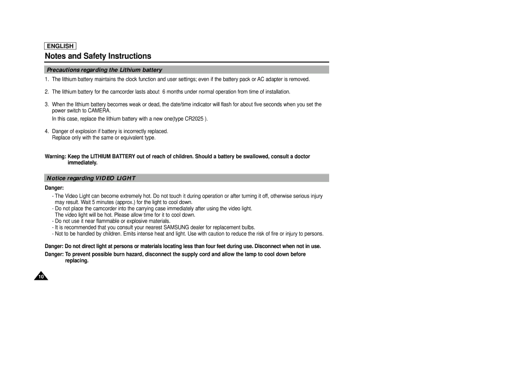 Samsung SCD29 manual Precautions regarding the Lithium battery 