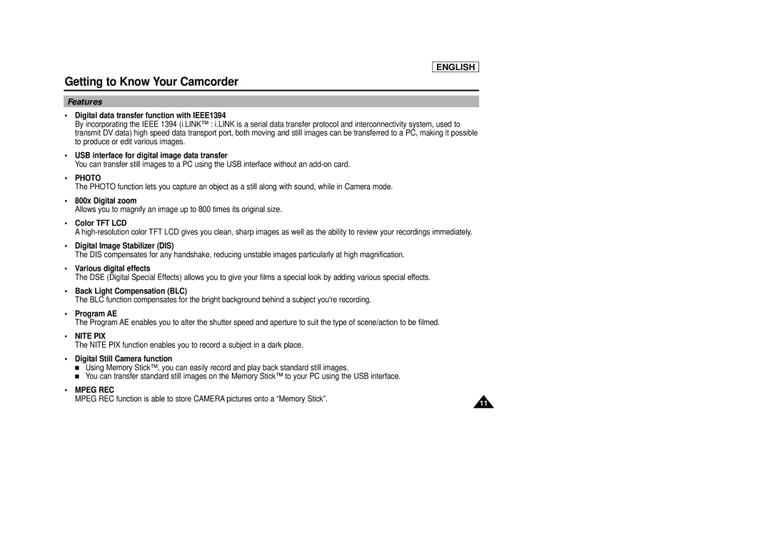 Samsung SCD29 manual Features, Photo, Nite PIX, Mpeg REC 