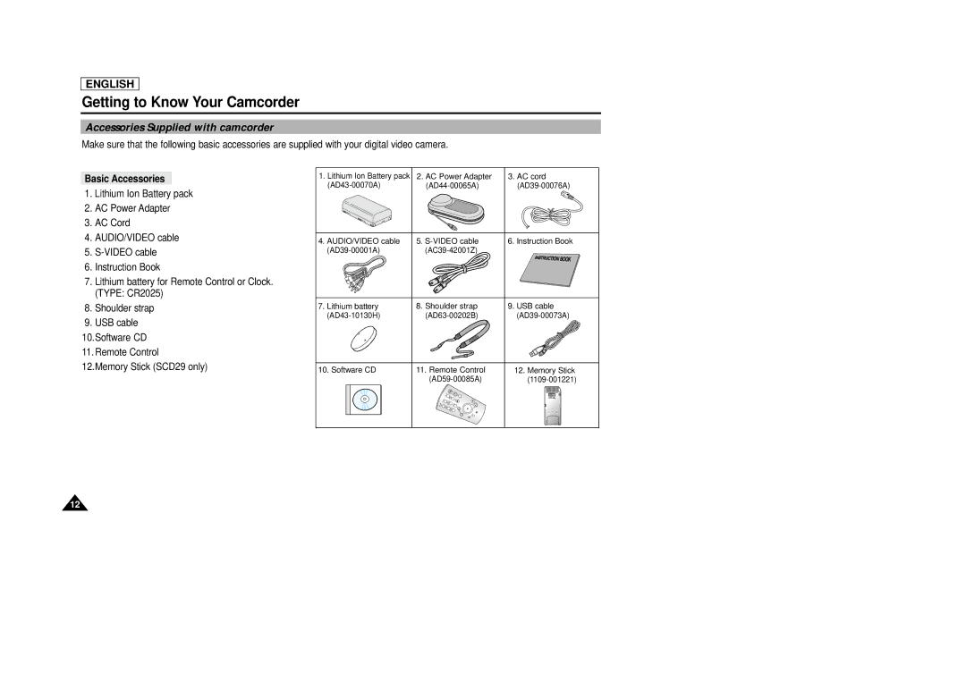 Samsung SCD29 manual Accessories Supplied with camcorder, Basic Accessories 