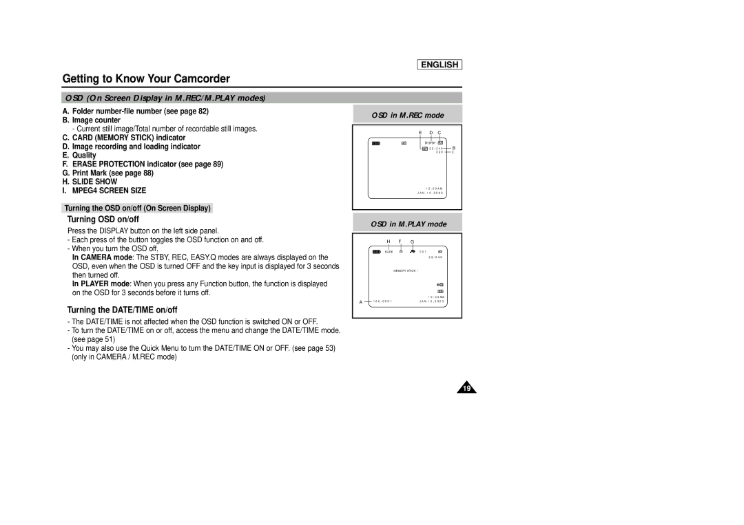 Samsung SCD29 manual OSD On Screen Display in M.REC/M.PLAY modes, Folder number-file number see Image counter 