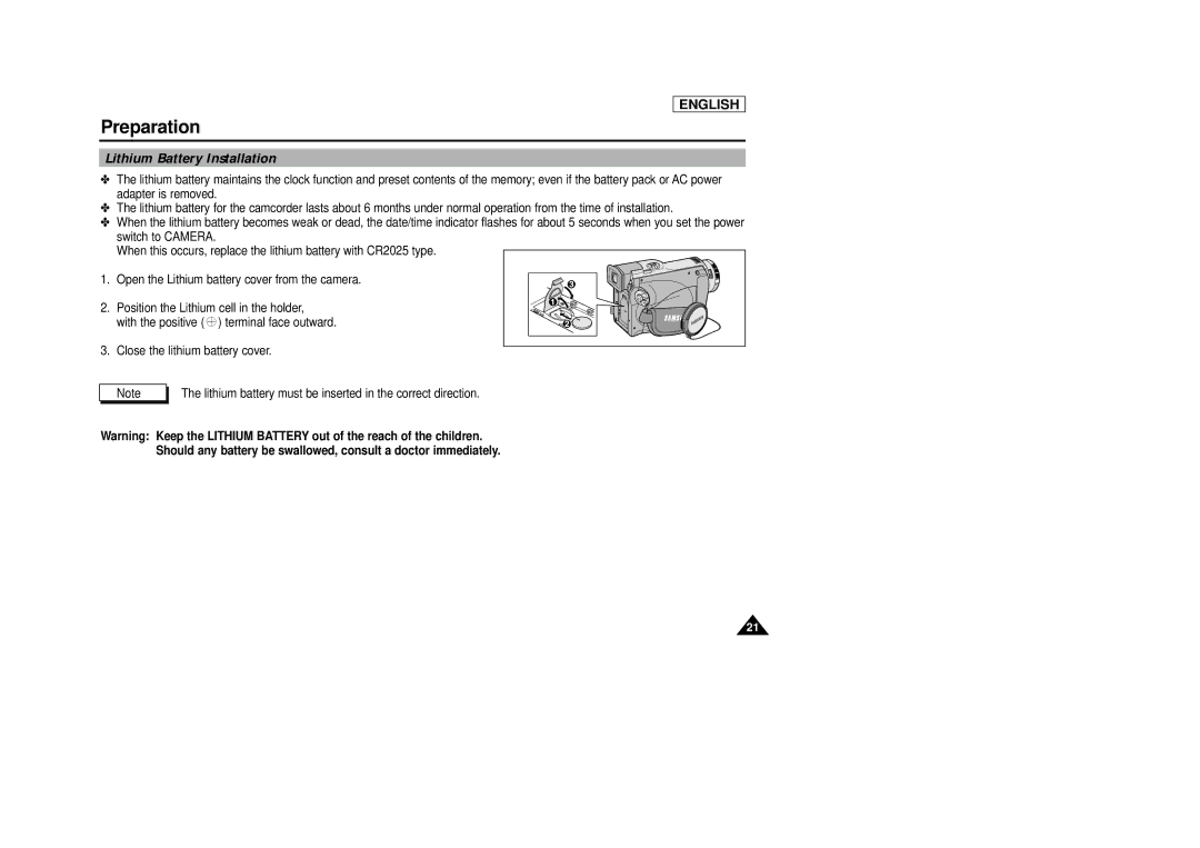 Samsung SCD29 manual Lithium Battery Installation 