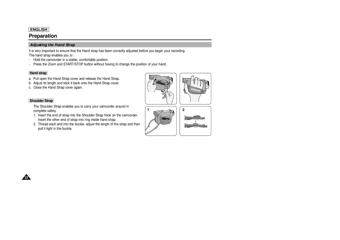 Samsung SCD29 manual Adjusting the Hand Strap, Hand strap, Shoulder Strap 