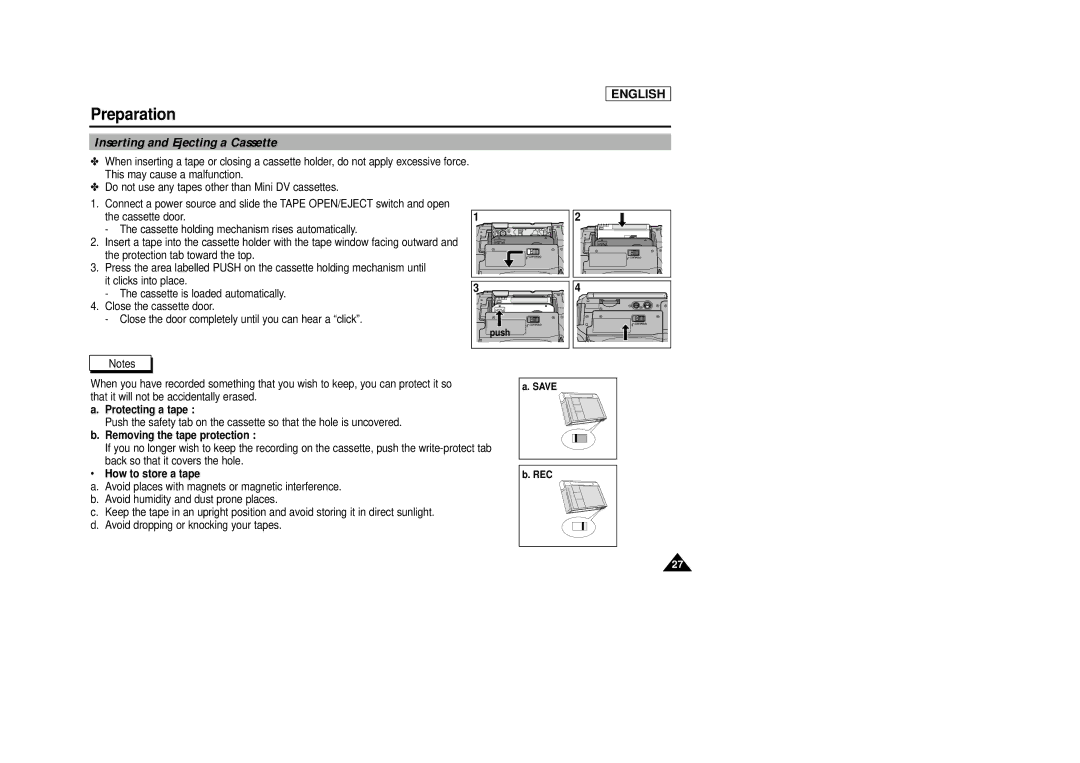 Samsung SCD29 Inserting and Ejecting a Cassette, Protecting a tape, Removing the tape protection, How to store a tape 