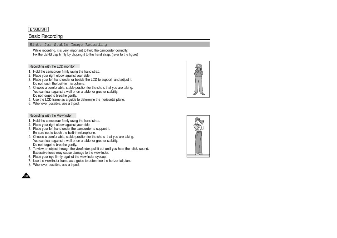 Samsung SCD29 manual Hints for Stable Image Recording, Recording with the LCD monitor, Recording with the Viewfinder 