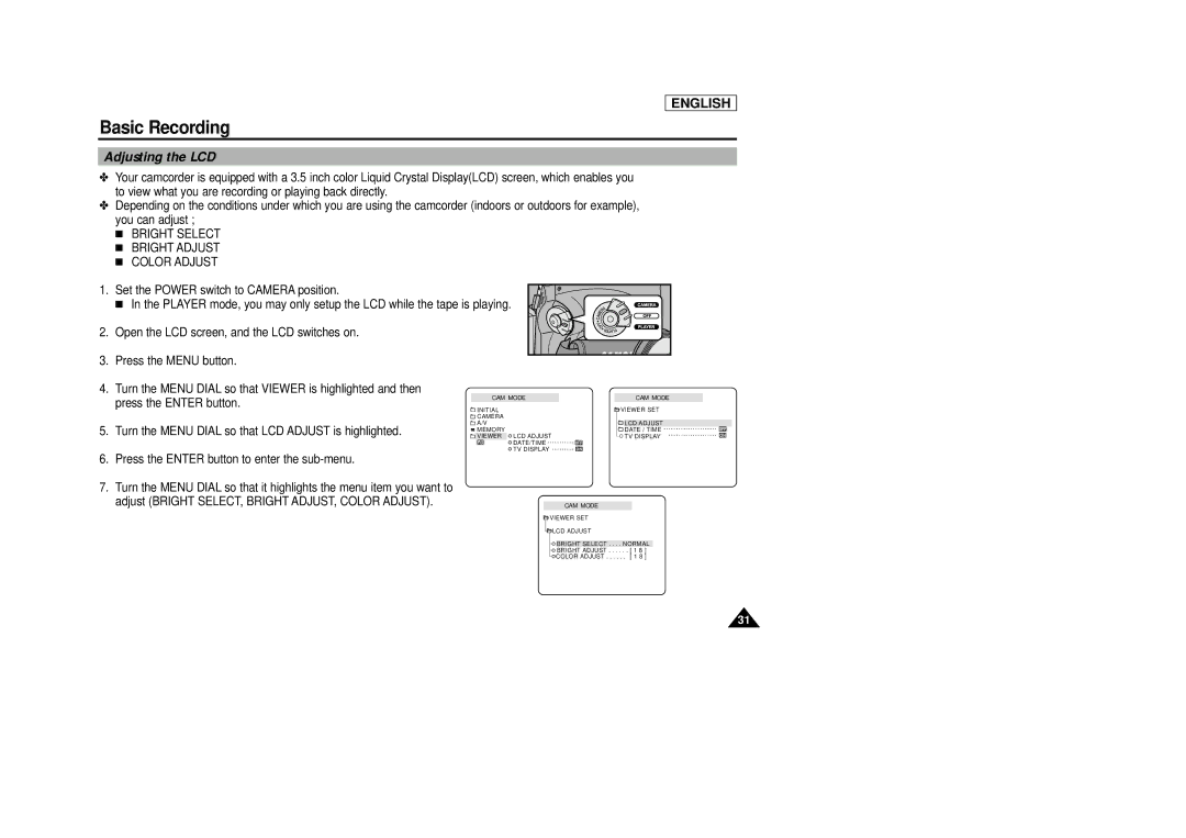 Samsung SCD29 manual Adjusting the LCD, Bright Select Bright Adjust Color Adjust 