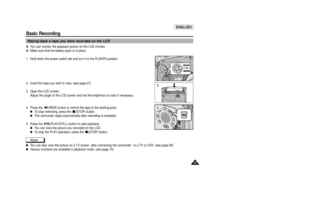 Samsung SCD29 manual Playing back a tape you have recorded on the LCD 