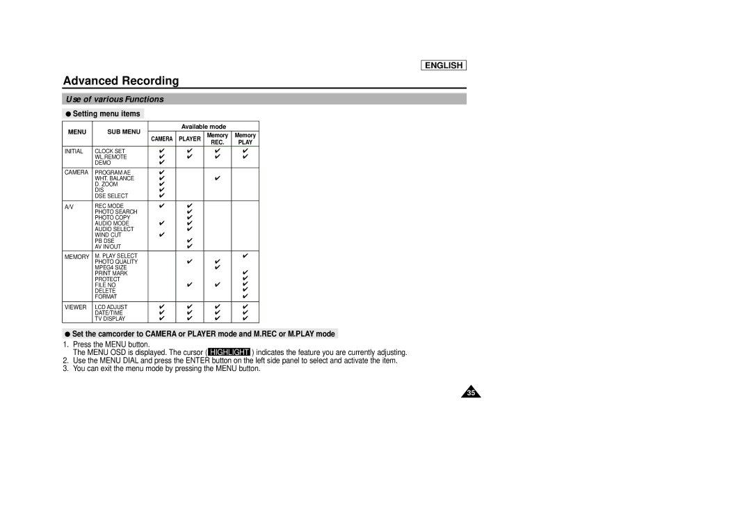 Samsung SCD29 manual Advanced Recording, Use of various Functions, Setting menu items 