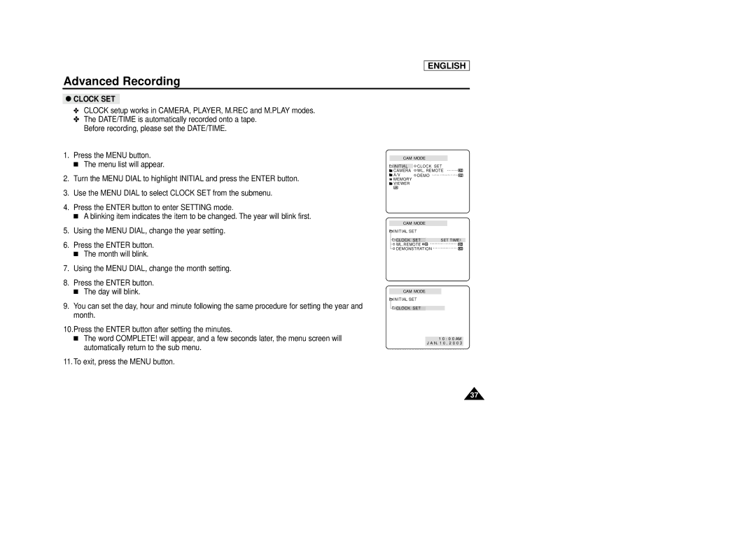 Samsung SCD29 manual Clock SET 