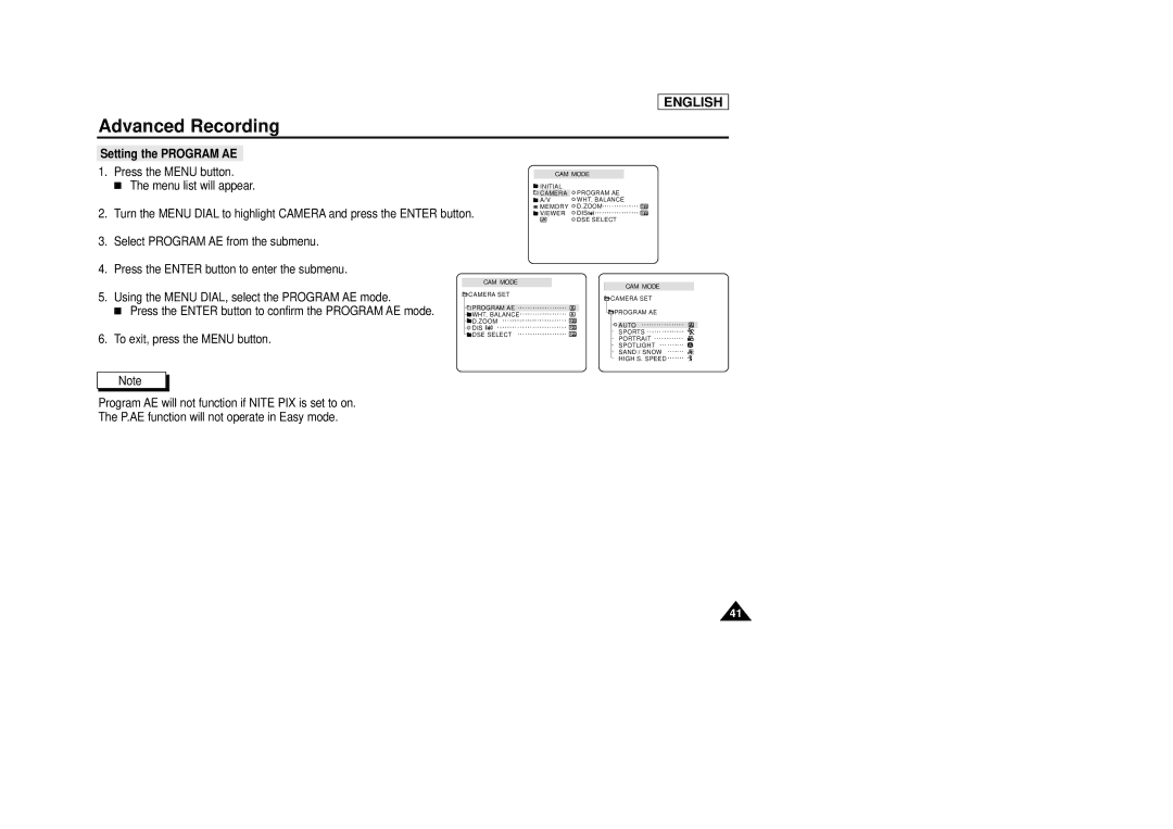 Samsung SCD29 manual Setting the Program AE 