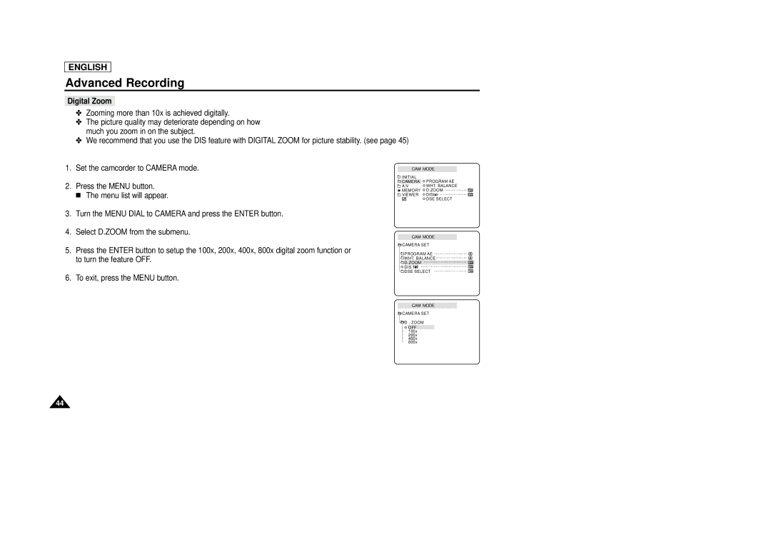 Samsung SCD29 manual Digital Zoom 