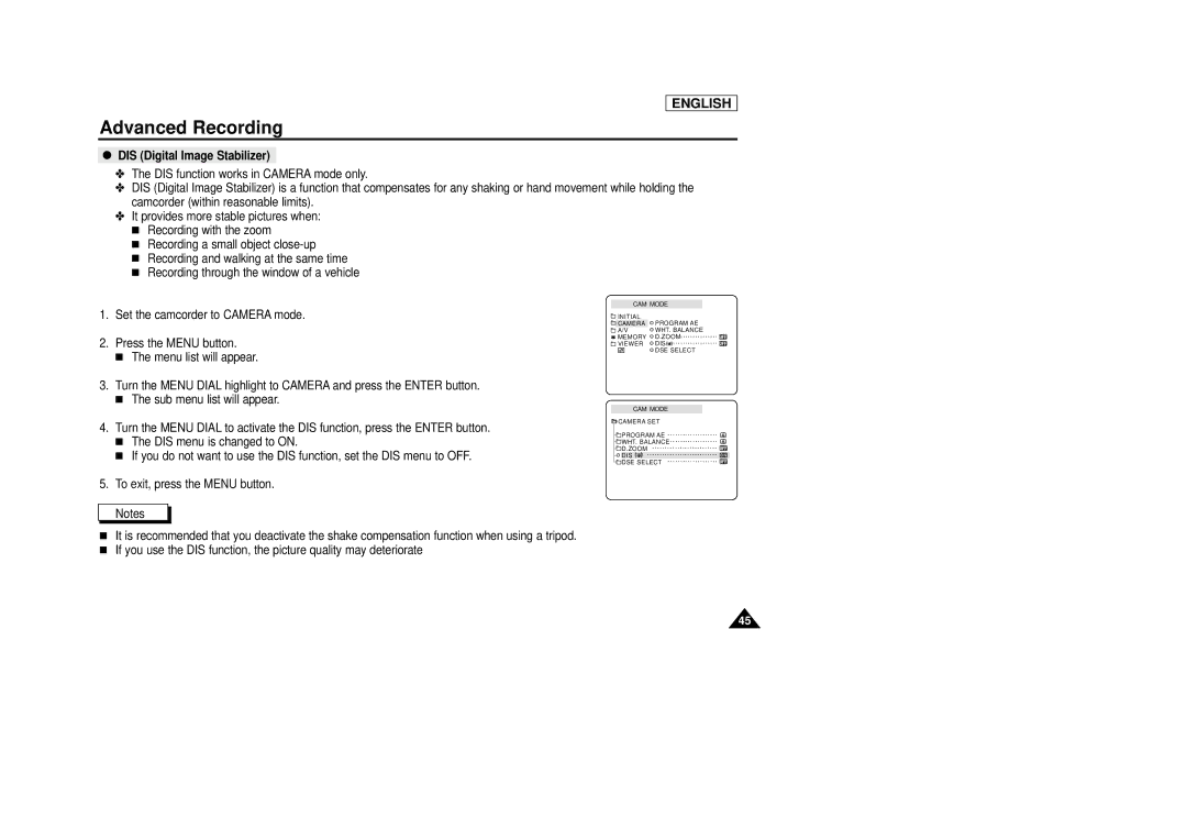 Samsung SCD29 manual DIS Digital Image Stabilizer 