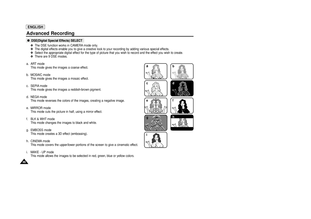 Samsung SCD29 manual DSEDigital Special Effects Select 