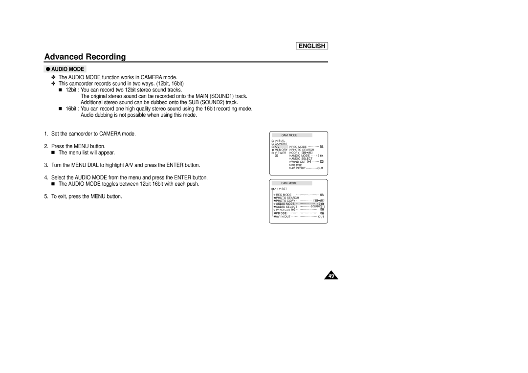 Samsung SCD29 manual Audio Mode function works in Camera mode 