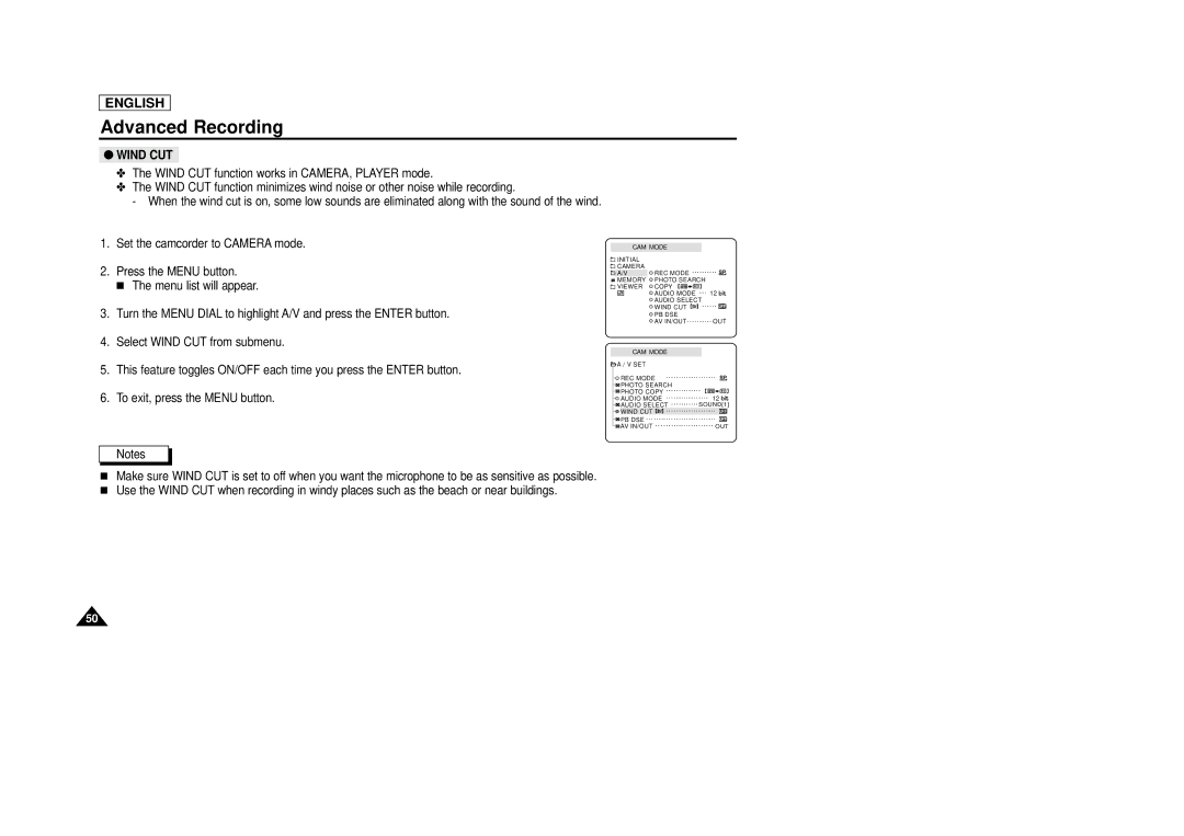 Samsung SCD29 manual Wind CUT 