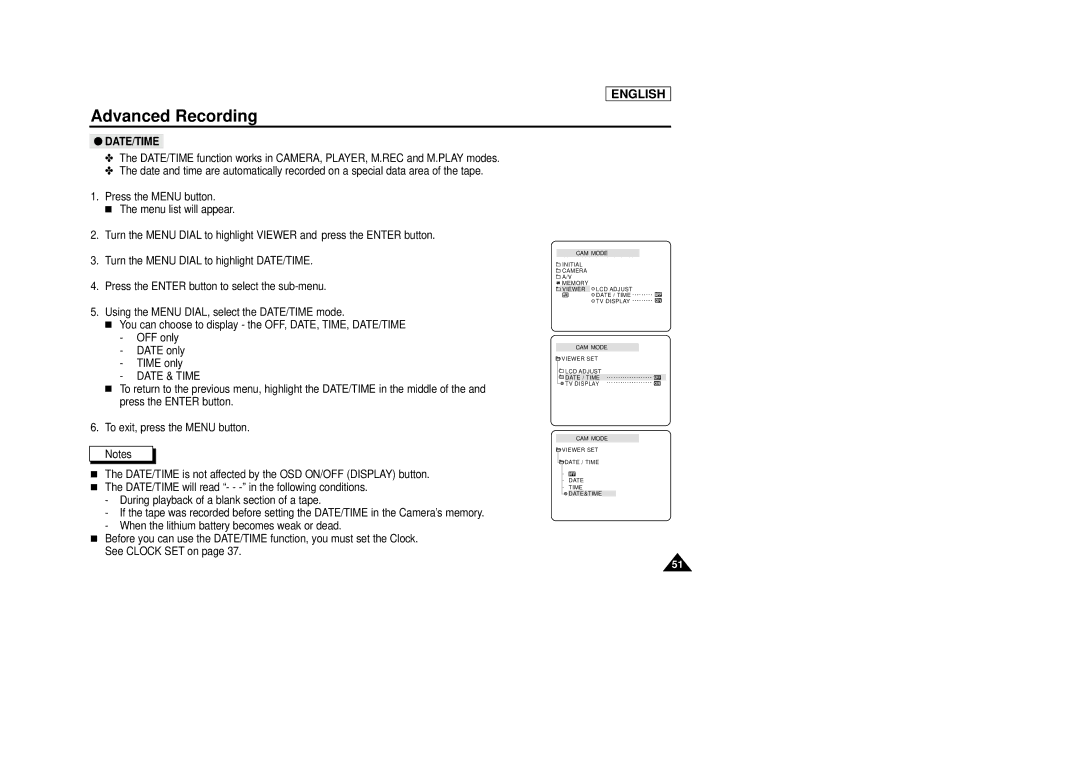 Samsung SCD29 manual Date & Time 