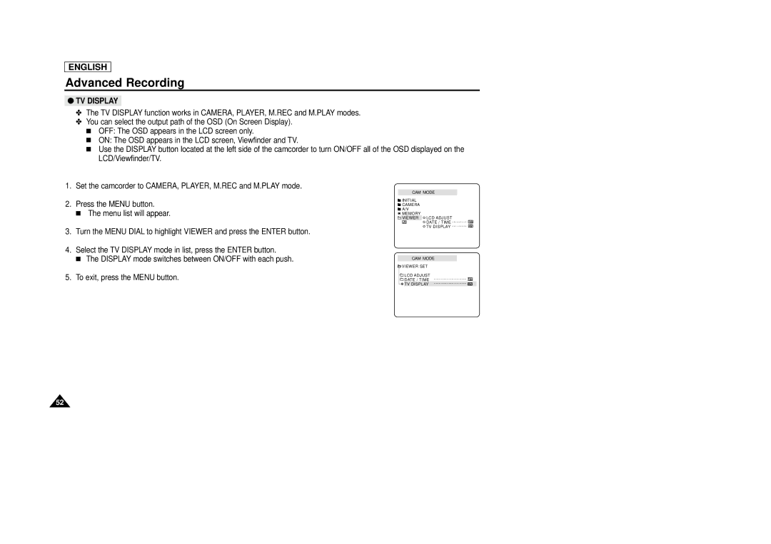 Samsung SCD29 manual TV Display 