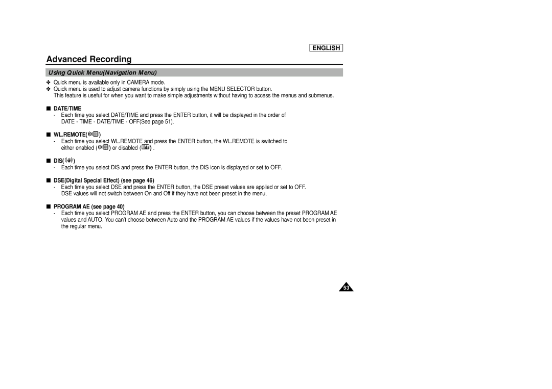 Samsung SCD29 manual Using Quick MenuNavigation Menu, Wl.Remote, Dis, DSEDigital Special Effect see, Program AE see 