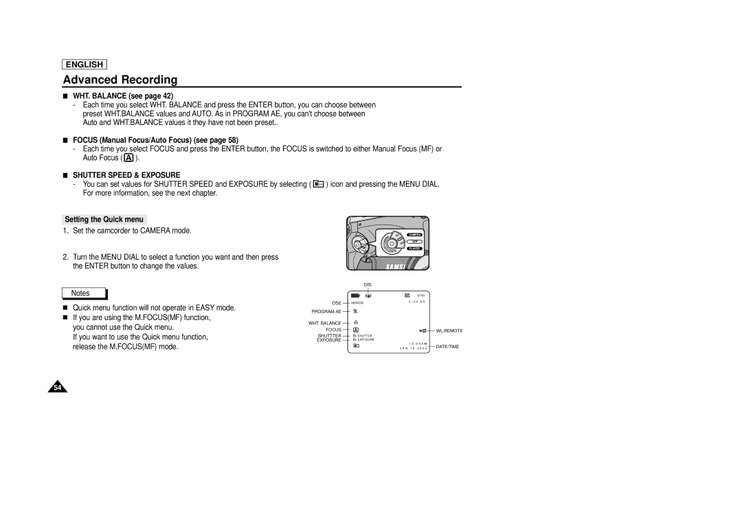 Samsung SCD29 manual WHT. Balance see, Focus Manual Focus/Auto Focus see, Shutter Speed & Exposure, Setting the Quick menu 