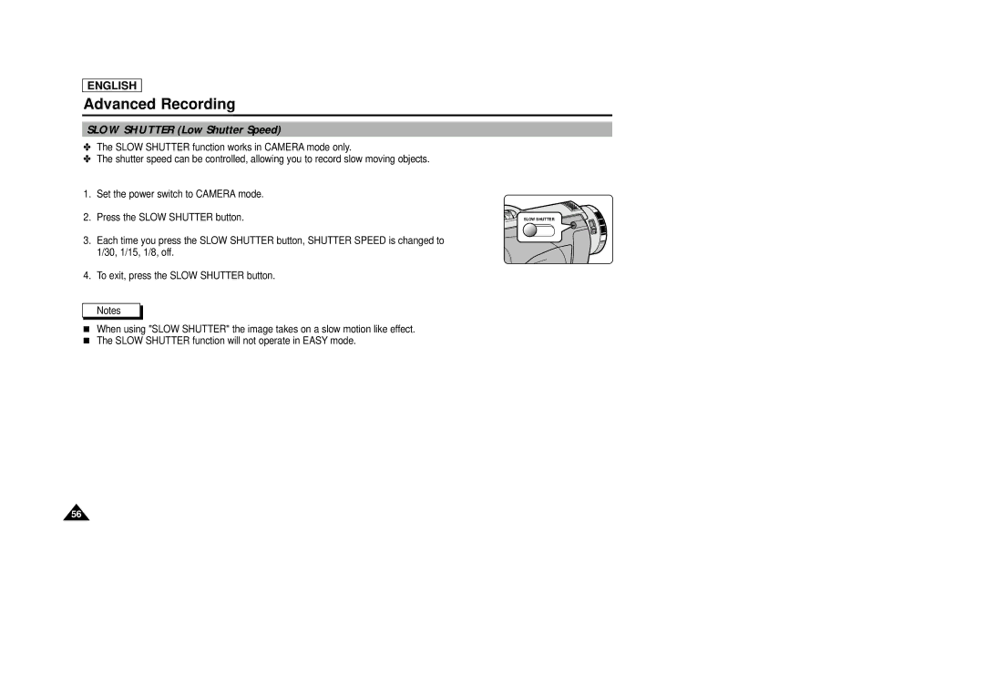 Samsung SCD29 manual Slow Shutter Low Shutter Speed 