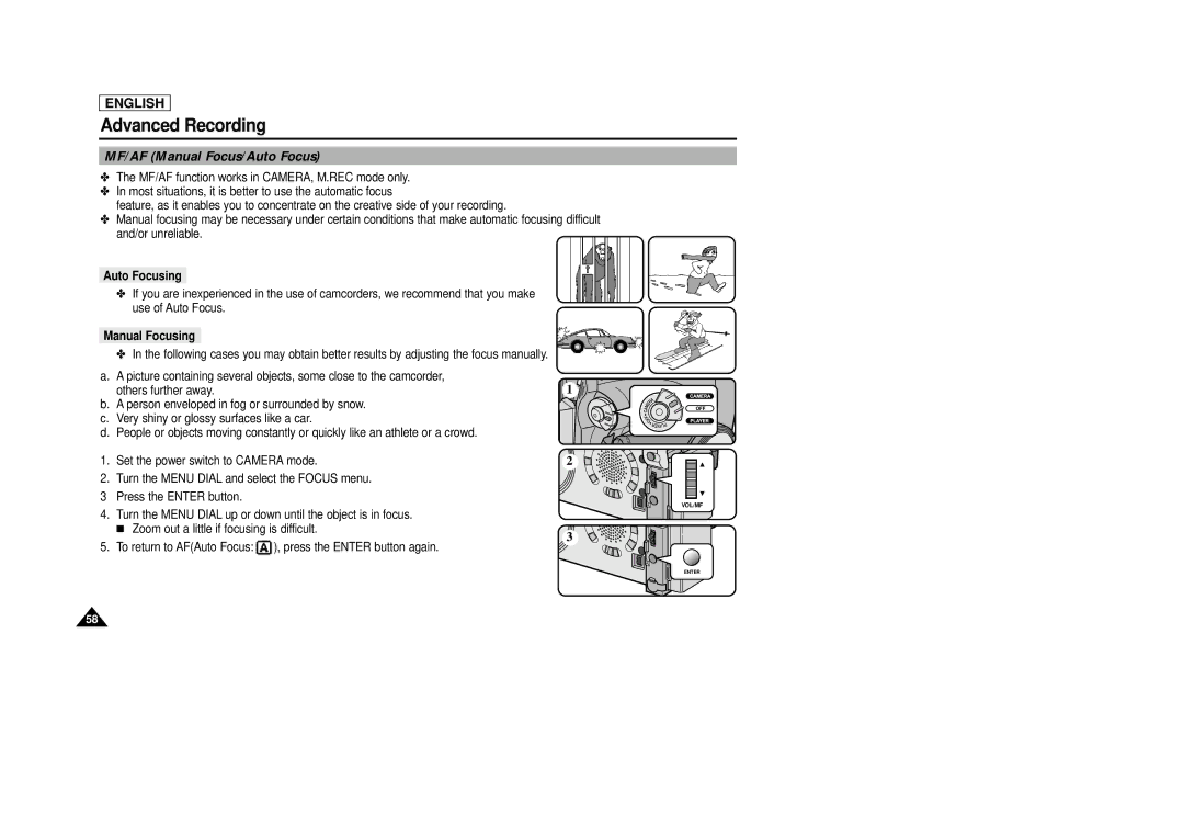 Samsung SCD29 manual MF/AF Manual Focus/Auto Focus, Auto Focusing, Manual Focusing 