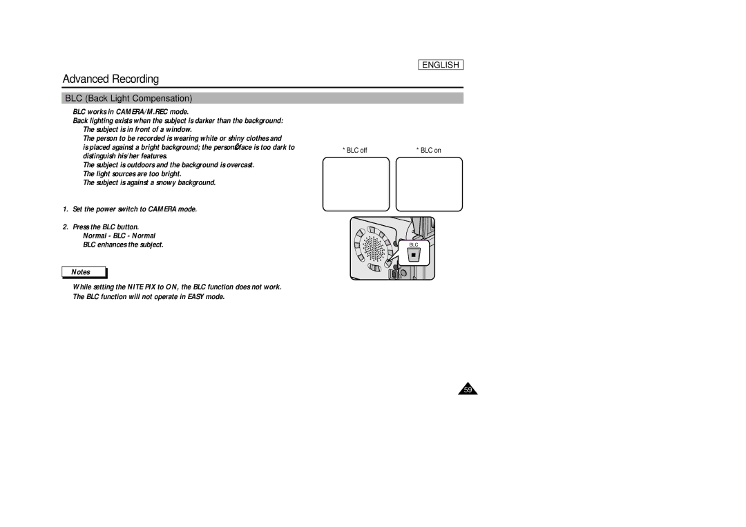 Samsung SCD29 manual BLC Back Light Compensation 