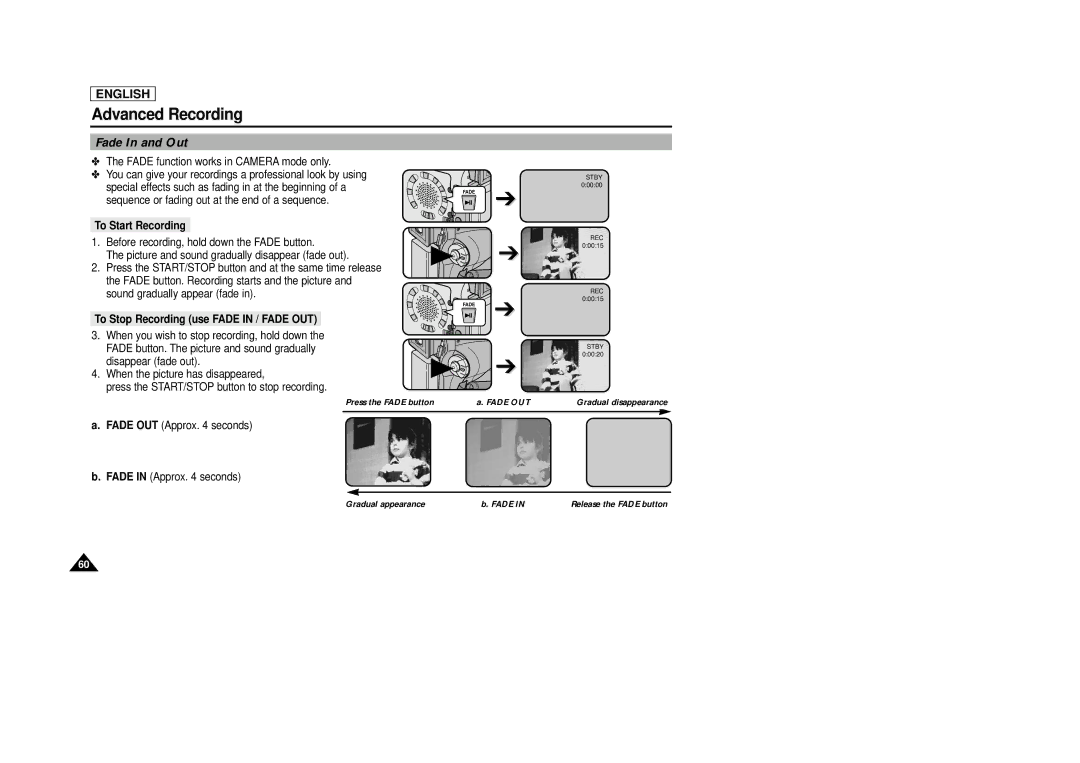 Samsung SCD29 manual Fade In and Out, To Start Recording, To Stop Recording use Fade in / Fade OUT 