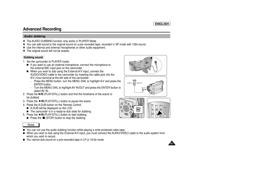 Samsung SCD29 manual Audio dubbing, Dubbing sound 