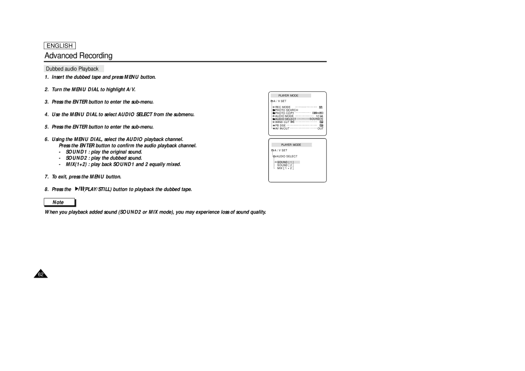 Samsung SCD29 manual Dubbed audio Playback 