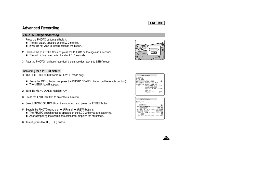 Samsung SCD29 manual Photo Image Recording, Searching for a Photo picture 